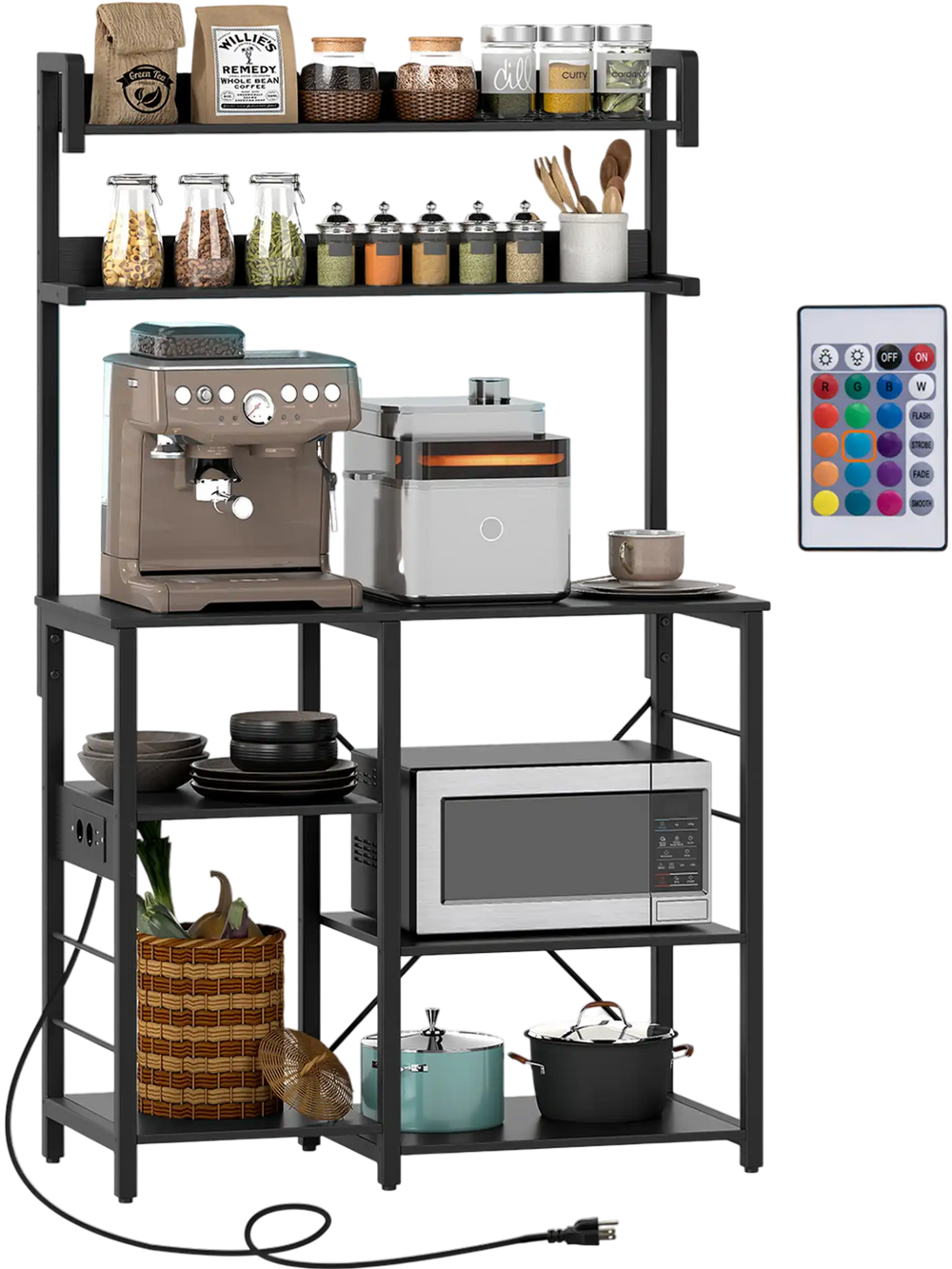 5-tier black kitchen bakers rack with power outlet, LED lights, and ample storage for microwave and kitchen essentials.