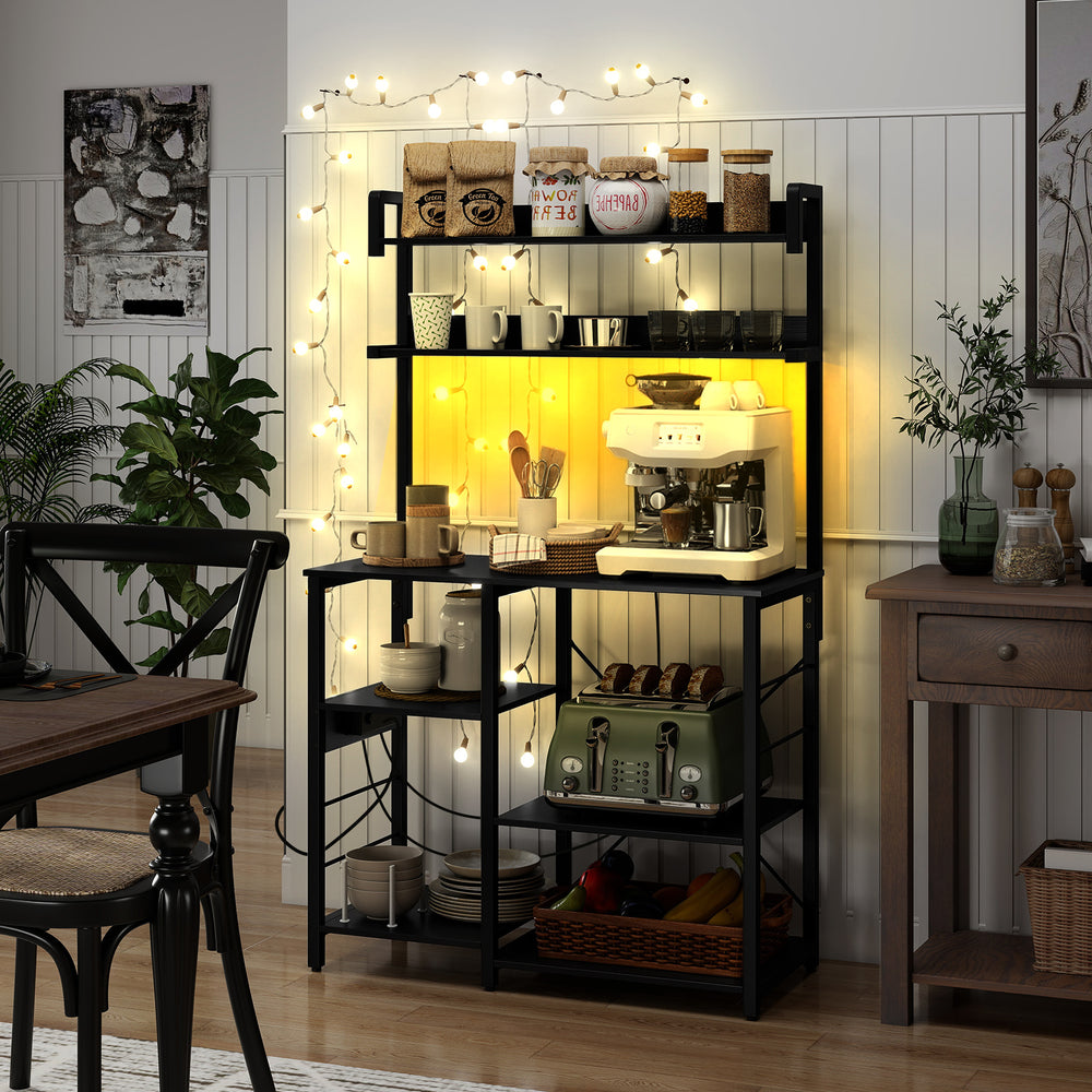 Kitchen Bakers Rack with Power Outlet 5-Tier Microwave Oven Stand with LED Lights-Black - Gallery View 1 of 10
