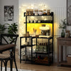 5-tier black kitchen bakers rack with LED lights, power outlets, and ample storage for a clutter-free kitchen.