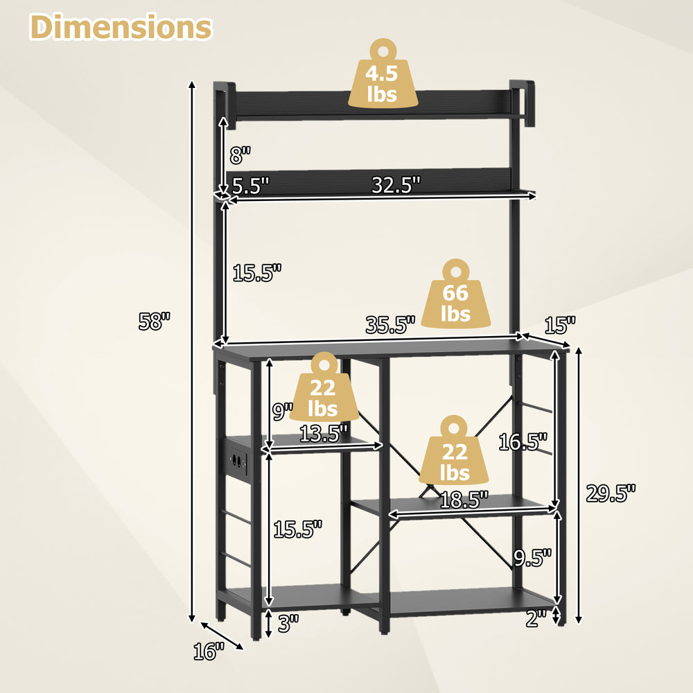 Dimensions of the black Kitchen Bakers Rack with Power Outlet, featuring 5 tiers and sturdy metal frame for kitchen.