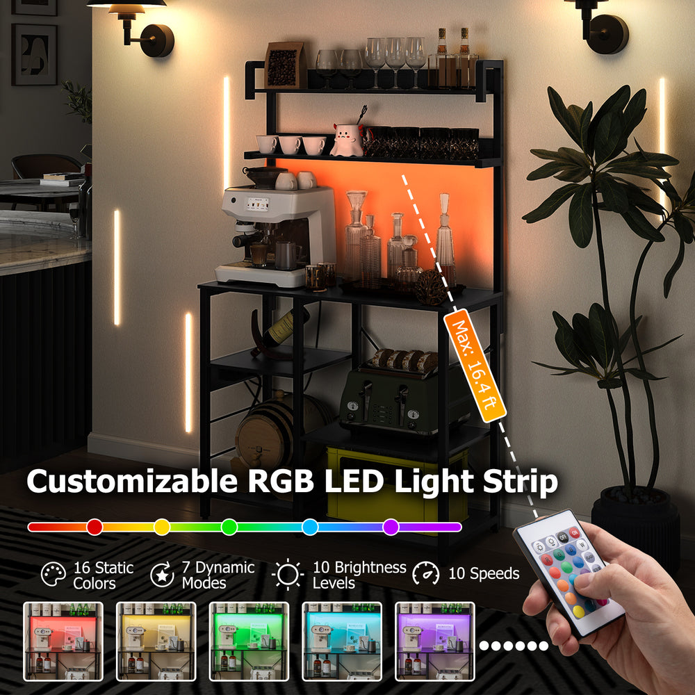 Kitchen bakers rack with customizable RGB LED light strip, 5-tier design, and built-in power outlets for versatile use.