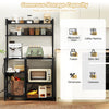 5-tier black kitchen bakers rack with power outlet, featuring adjustable LED lights and ample storage for kitchen.
