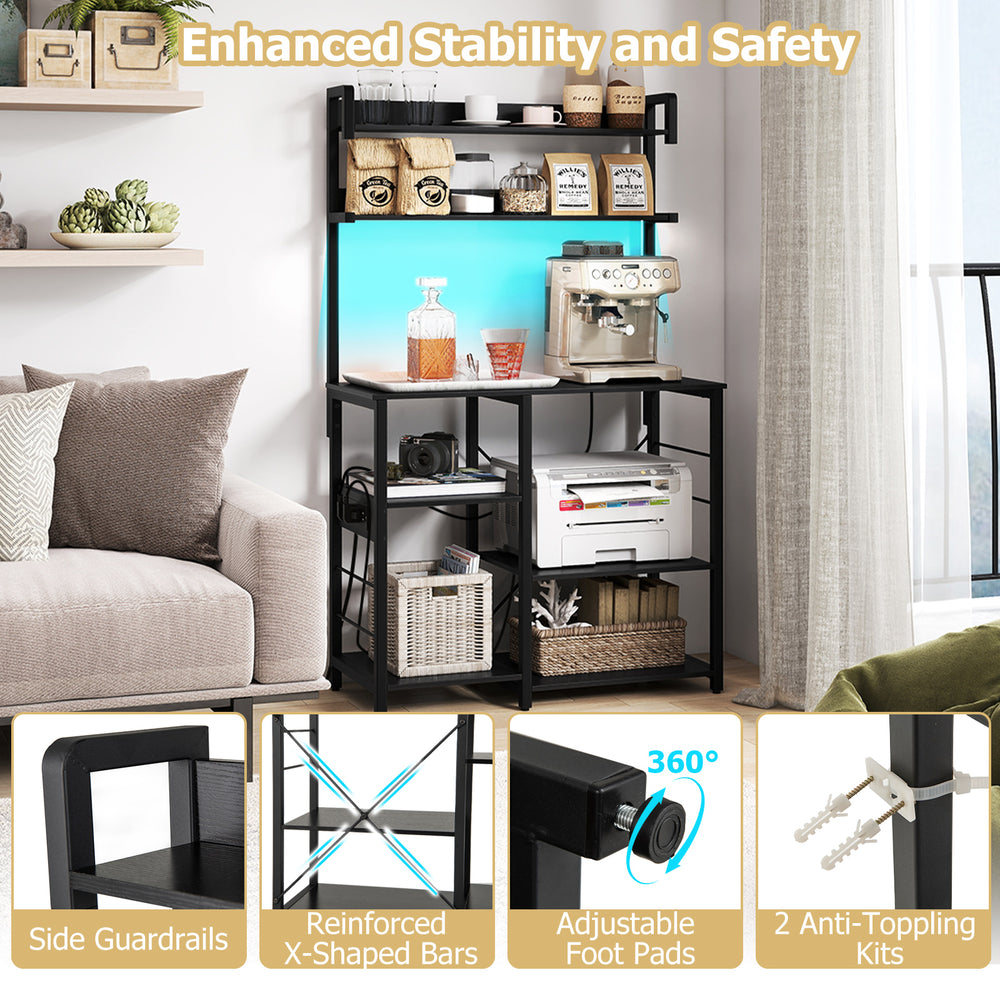 5-tier black kitchen bakers rack with LED lights, power outlet, and adjustable foot pads for versatile storage and.