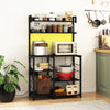Black kitchen bakers rack featuring a built-in charging station and customizable RGB LED lights for stylish.