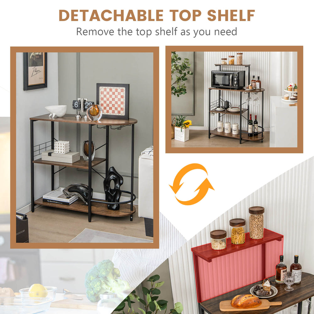 4-tier kitchen bakers rack in rustic brown showcasing the removable top shelf for customizable storage solutions.