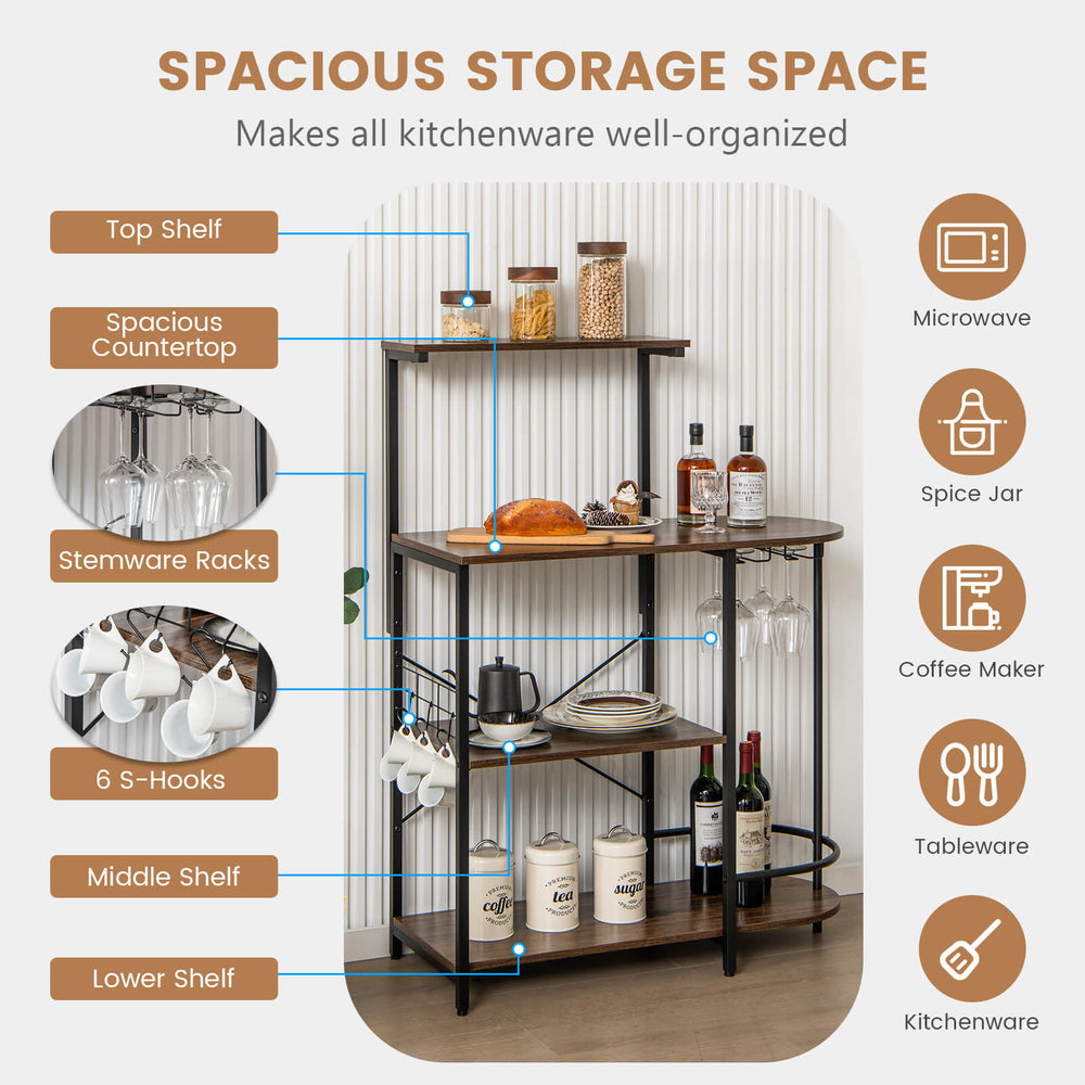 4-tier kitchen bakers rack in rustic brown with top shelf, stemware racks, and 6 S-hooks for organized storage.