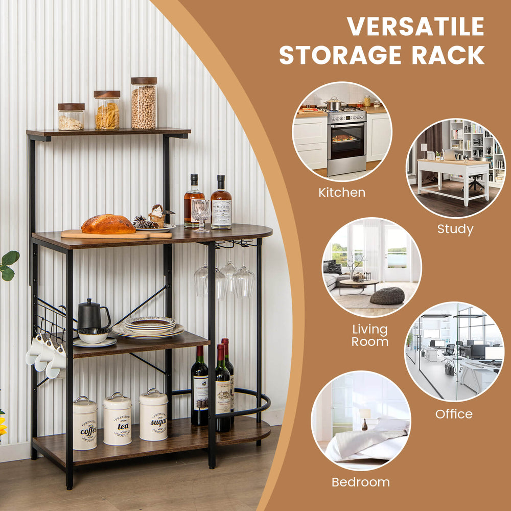 4-tier kitchen bakers rack in rustic brown with X-shaped structure and bottom rail, ideal for stable storage in any.