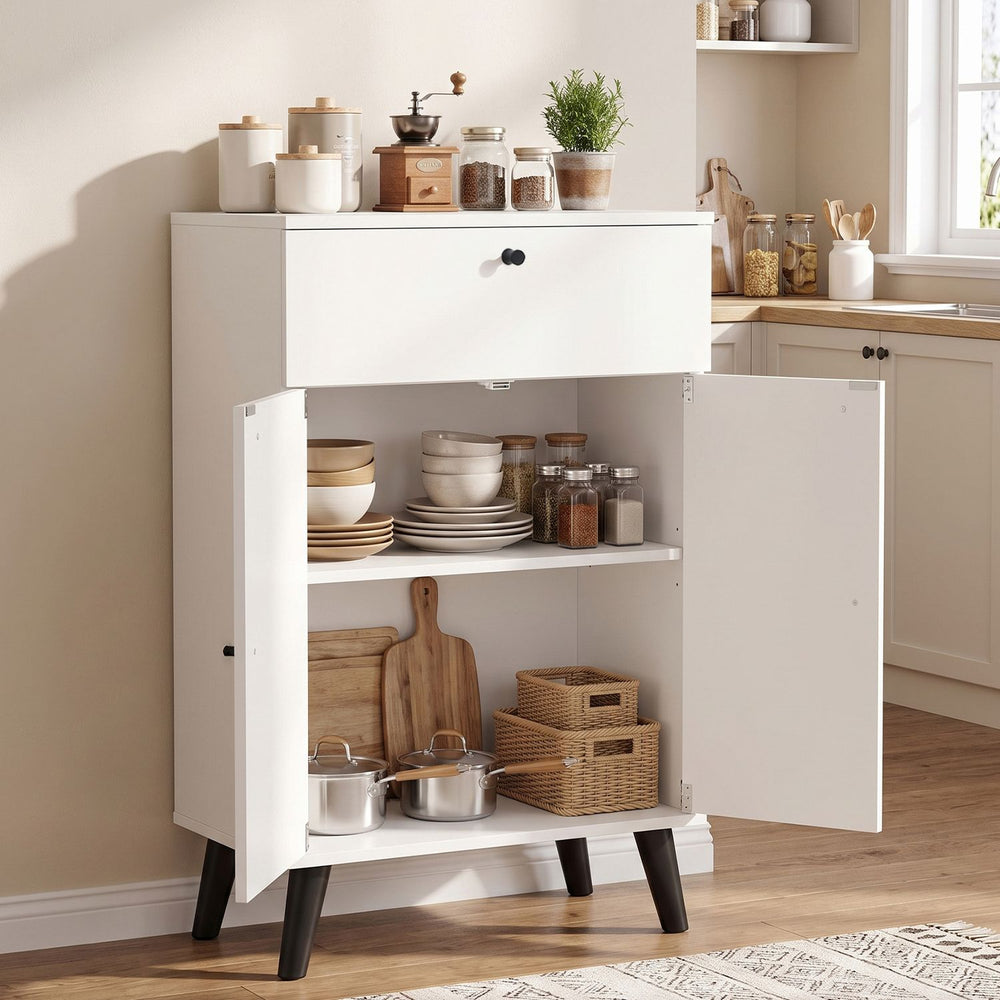 White kitchen buffet cabinet featuring a drawer, two doors, and adjustable shelves for versatile storage in any room.