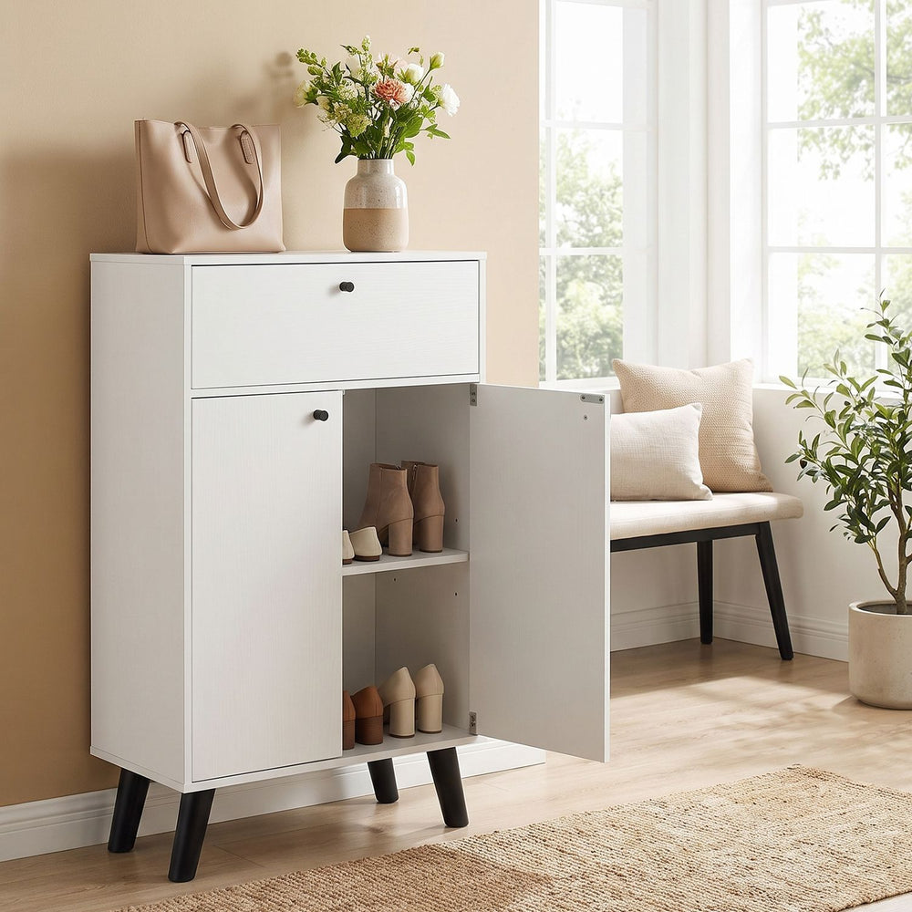 White kitchen buffet cabinet with one drawer, two doors, and adjustable shelves, ideal for entryway or living room use.