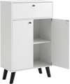 White kitchen buffet cabinet with a sleek design, featuring a drawer, two doors, and adjustable shelves for versatile use.