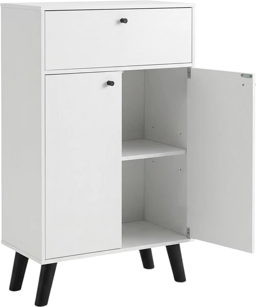 White kitchen buffet cabinet with a sleek design, featuring a drawer, two doors, and adjustable shelves for versatile use.