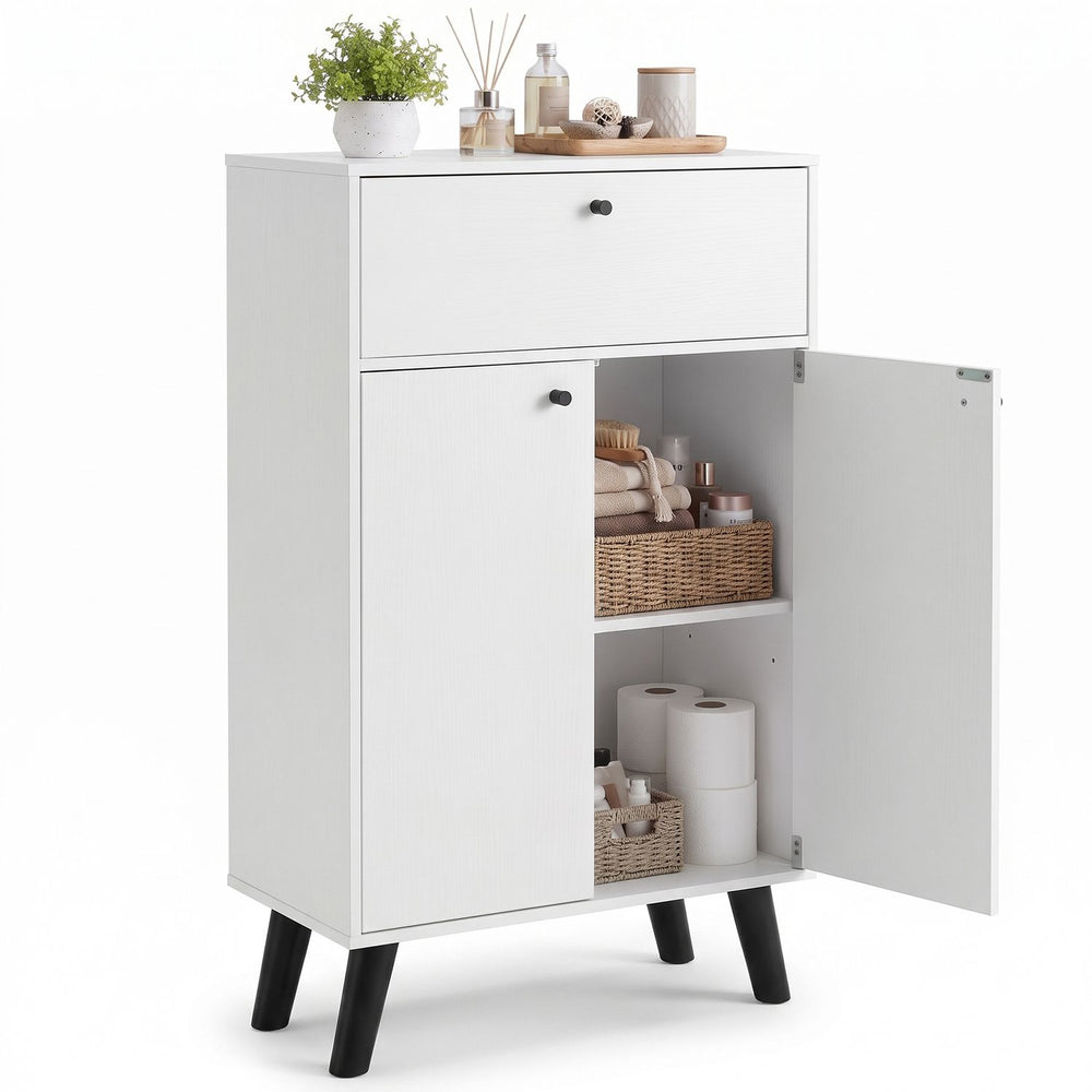 White kitchen buffet cabinet with one drawer, two doors, and adjustable shelves for versatile storage in any room.