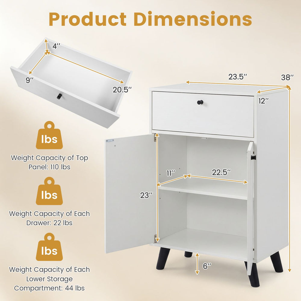 Kitchen buffet cabinet in white with one drawer, two doors, and adjustable shelves for versatile storage solutions.