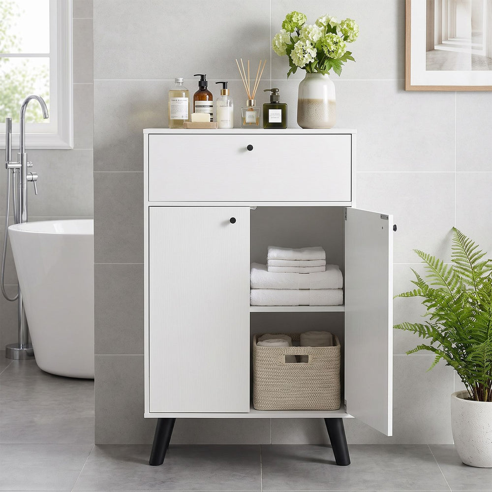 White kitchen buffet cabinet featuring one drawer, two doors, and adjustable shelves, ideal for bathroom or living room use.
