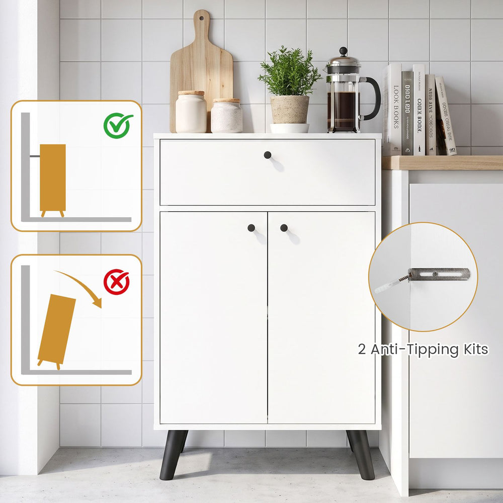 White kitchen buffet cabinet featuring 1 drawer, 2 doors, adjustable shelves, and anti-tipping kits for added safety.