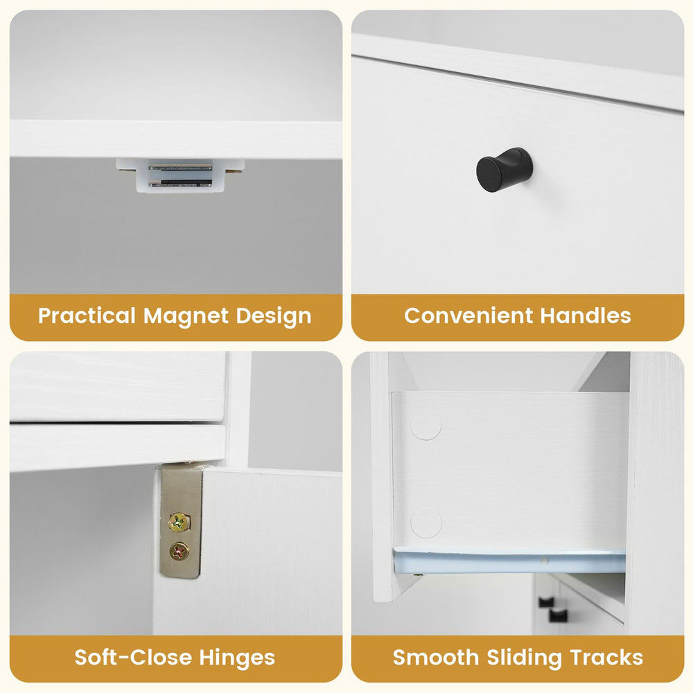 Close-up of the kitchen buffet cabinet's practical magnet design, soft-close hinges, and convenient handles for easy access.