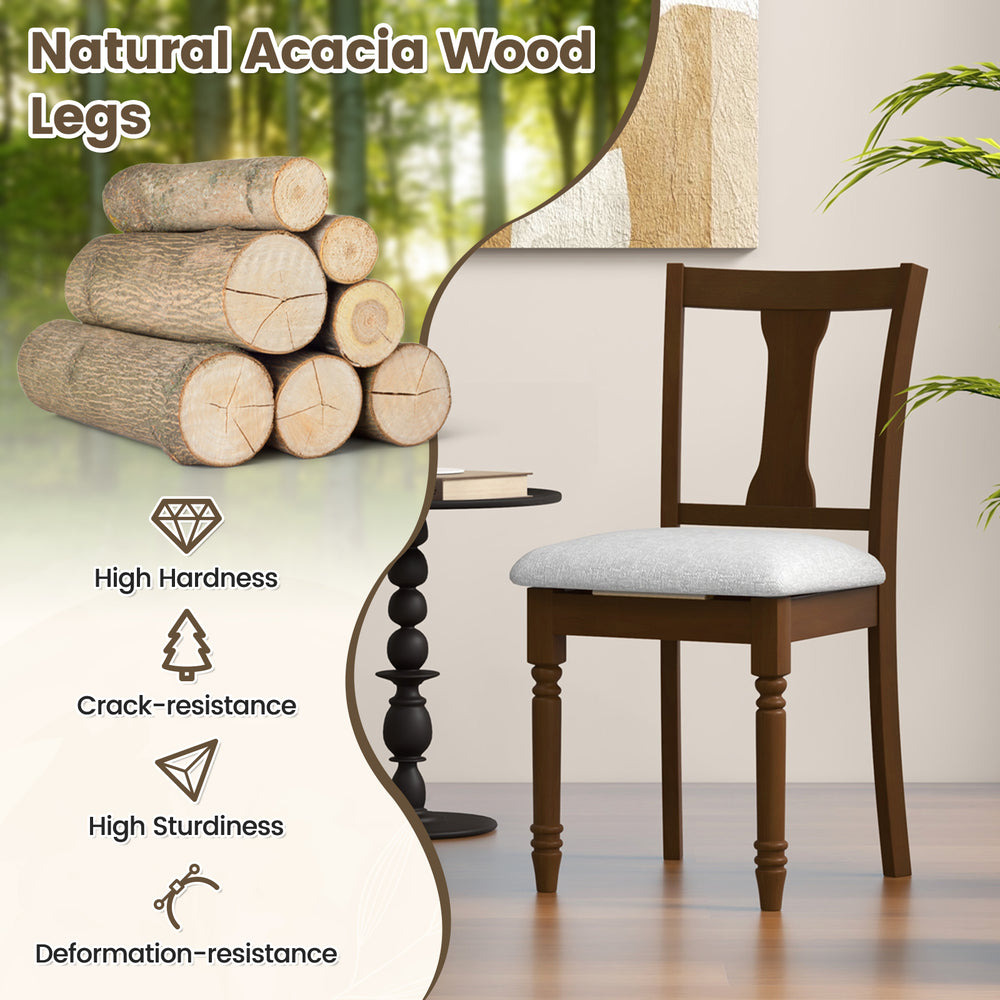 Brown kitchen dining chair with natural acacia wood legs, featuring a linen fabric seat and convenient storage space.