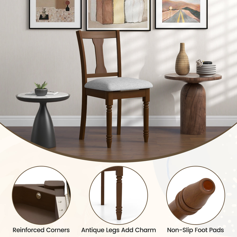 Brown kitchen dining chair with linen fabric, curved backrest, and storage space, featuring antique legs and non-slip.