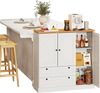 Freestanding white kitchen storage cabinet with 3 doors and 2 large drawers, featuring a wood-like countertop for.