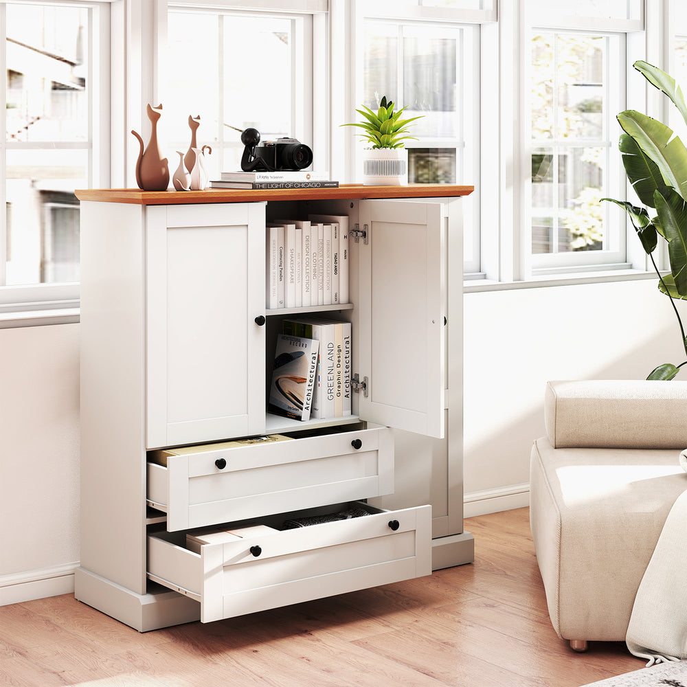 Freestanding white storage cabinet with three doors and two large drawers, featuring a wood-like countertop for.