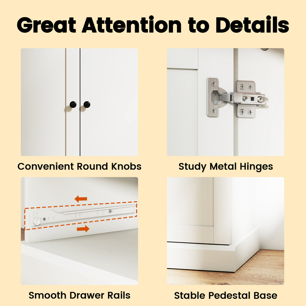 Close-up of sturdy metal hinges and smooth drawer rails on a 47.5-inch white kitchen storage cabinet for easy access.