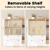 Freestanding white storage cabinet with removable shelf, ideal for organizing items of varying heights in kitchens or.