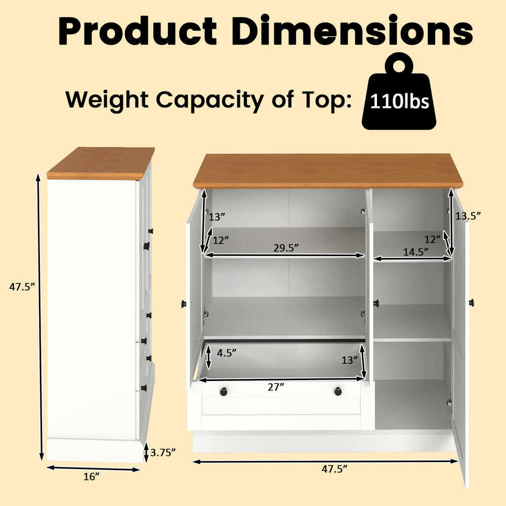 47.5-inch freestanding kitchen storage cabinet with 3 doors, 2 large drawers, and removable shelf for organized storage.
