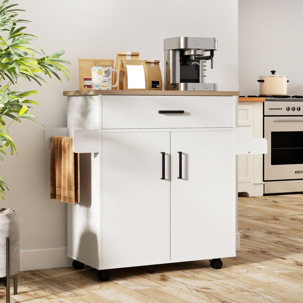 Rolling kitchen island cart in white with drawer, 2-tier cabinet, and towel rack, ideal for small kitchens.