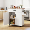 Rolling kitchen island cart in white with drawer, 2-tier cabinet, and spice rack, perfect for small kitchens.