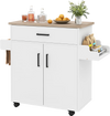 Rolling kitchen island cart with a white finish, wooden top, drawer, and side spice rack for easy storage and mobility.