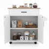 Rolling kitchen island cart in white with a wooden top, drawer, and 2-tier cabinet for organized storage.