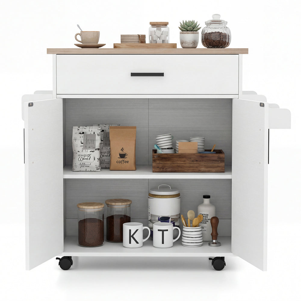 Rolling kitchen island cart in white with a wooden top, drawer, and 2-tier cabinet for organized storage.