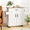 Rolling kitchen island cart in white with a wooden top, drawer, and two cabinets, ideal for compact kitchen storage.