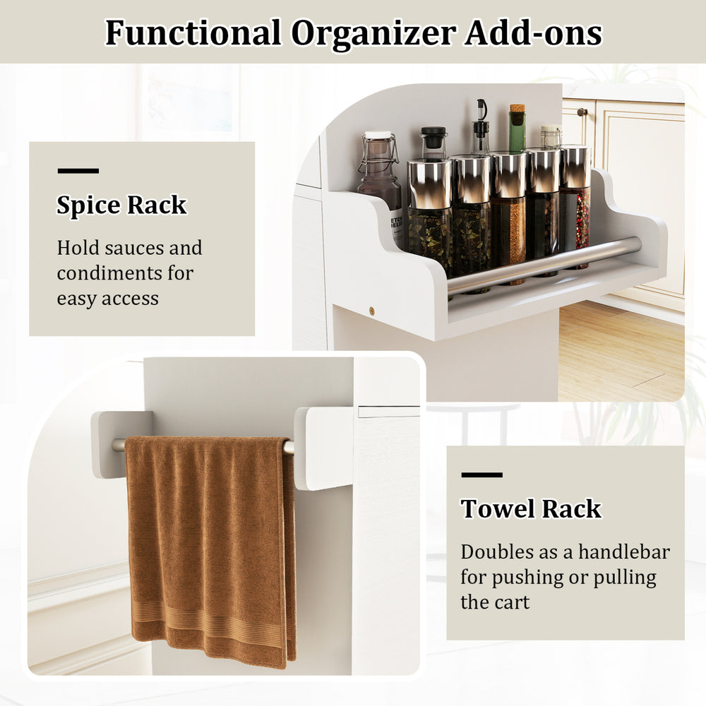 Spice rack for sauces and condiments on the Kitchen Island Cart, enhancing kitchen organization and accessibility.