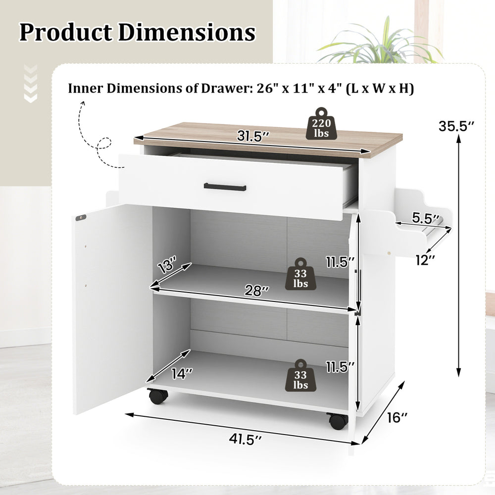 Kitchen island cart with dimensions, featuring a drawer, 2-tier cabinet, and a sturdy wooden top for kitchen storage.