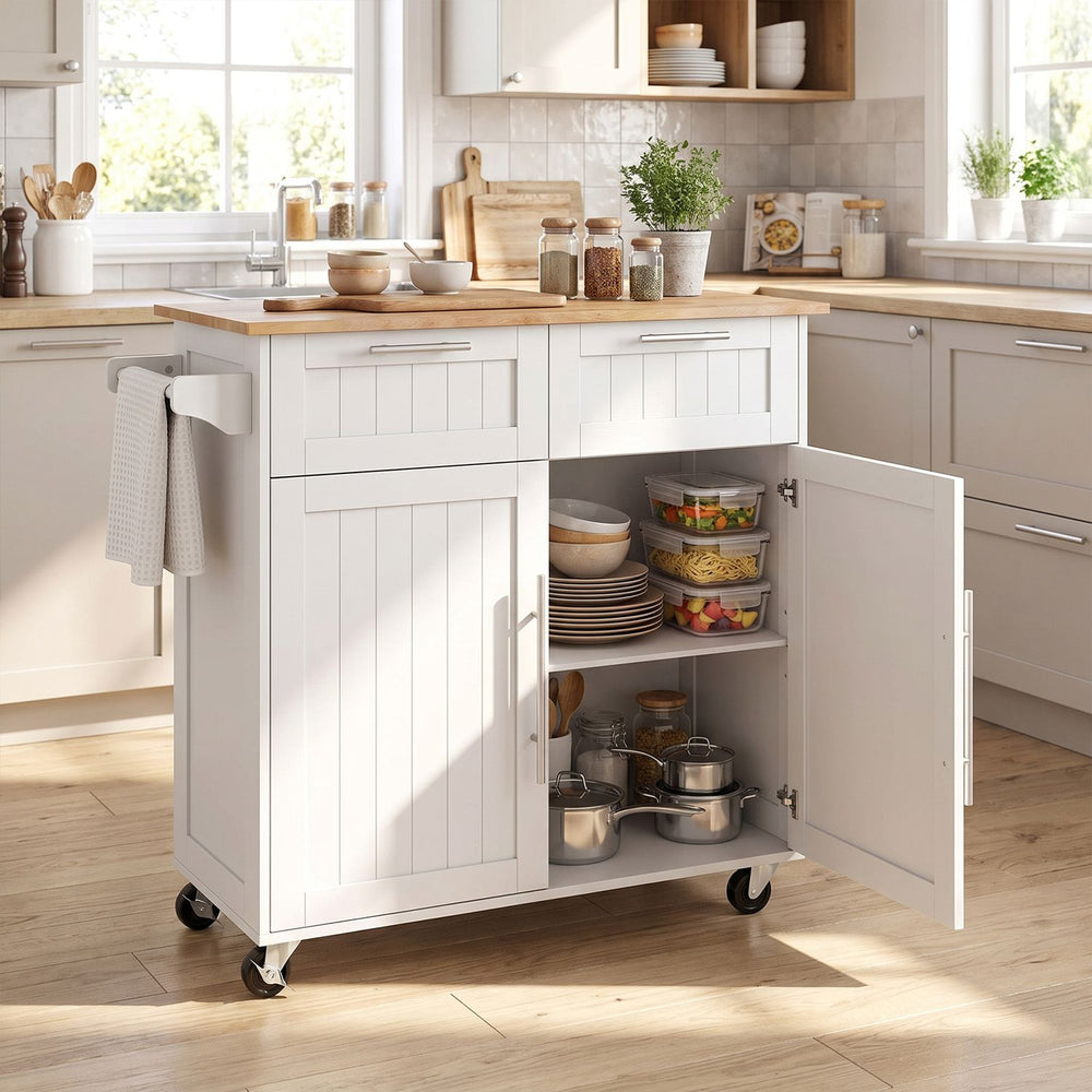 White kitchen island cart with rubber wood top and open cabinet showing adjustable shelves and swivel casters