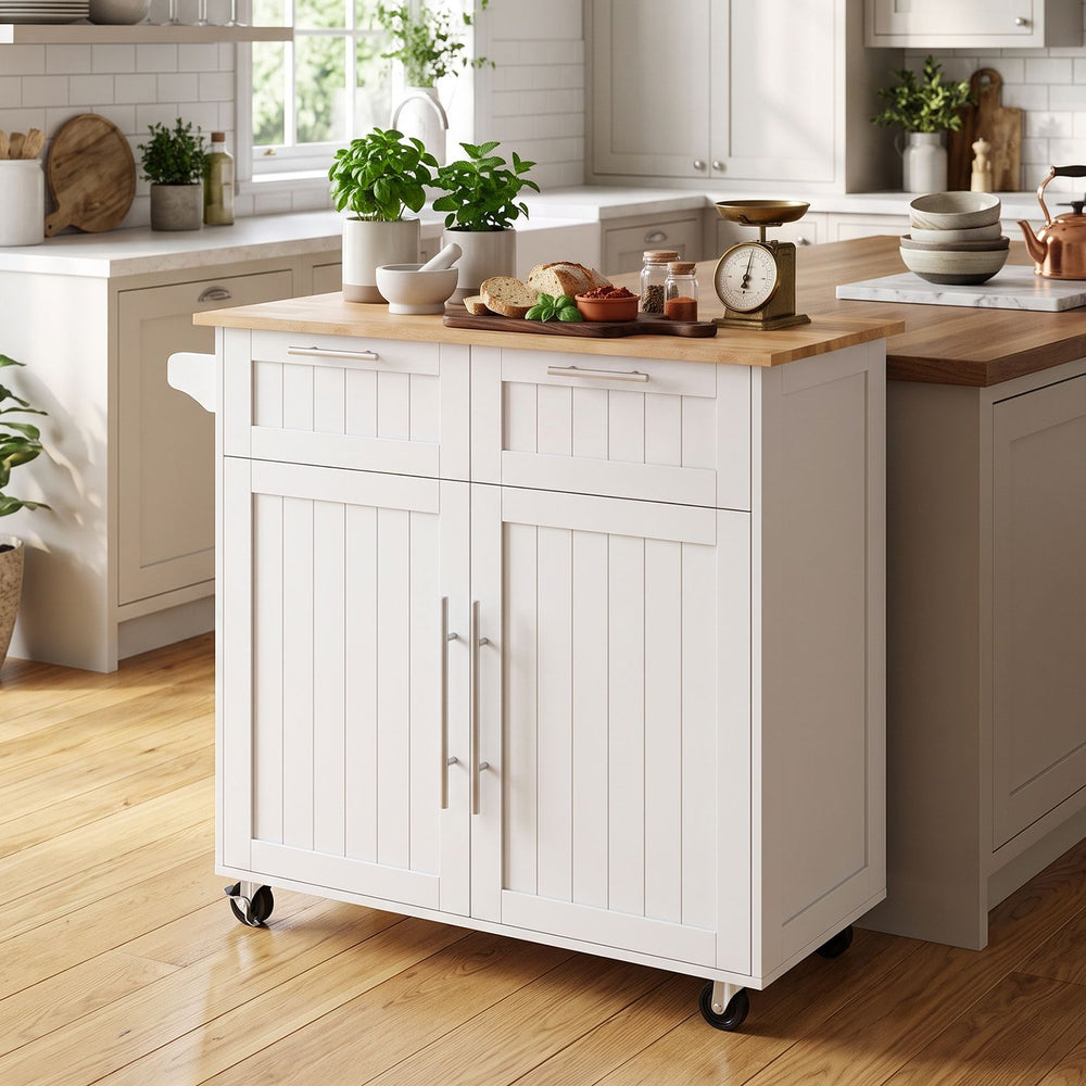 White kitchen island cart with rubber wood top, drawers, adjustable shelves, and swivel casters in a kitchen setting.