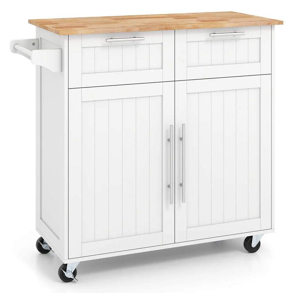White kitchen island cart with rubber wood top, two-door cabinet, drawers, towel rack, and swivel casters shown at an angle.