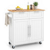 White kitchen island cart with rubber wood top shown from the front, featuring towel rack and swivel casters for dining rooms.