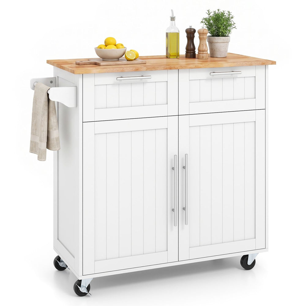 White kitchen island cart with rubber wood top shown from the front, featuring towel rack and swivel casters for dining rooms.