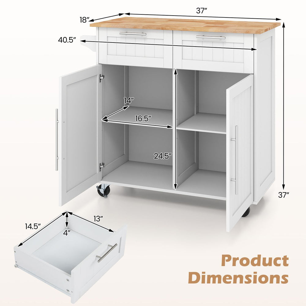 White kitchen island cart with rubber wood top, shown open with adjustable shelves and product dimensions.