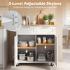 Open white kitchen island cart with rubber wood top showing 3-level adjustable shelves for cookware storage.