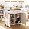 White kitchen island cart with rubber wood top, adjustable shelves, towel rack, two drawers and cabinet storage.