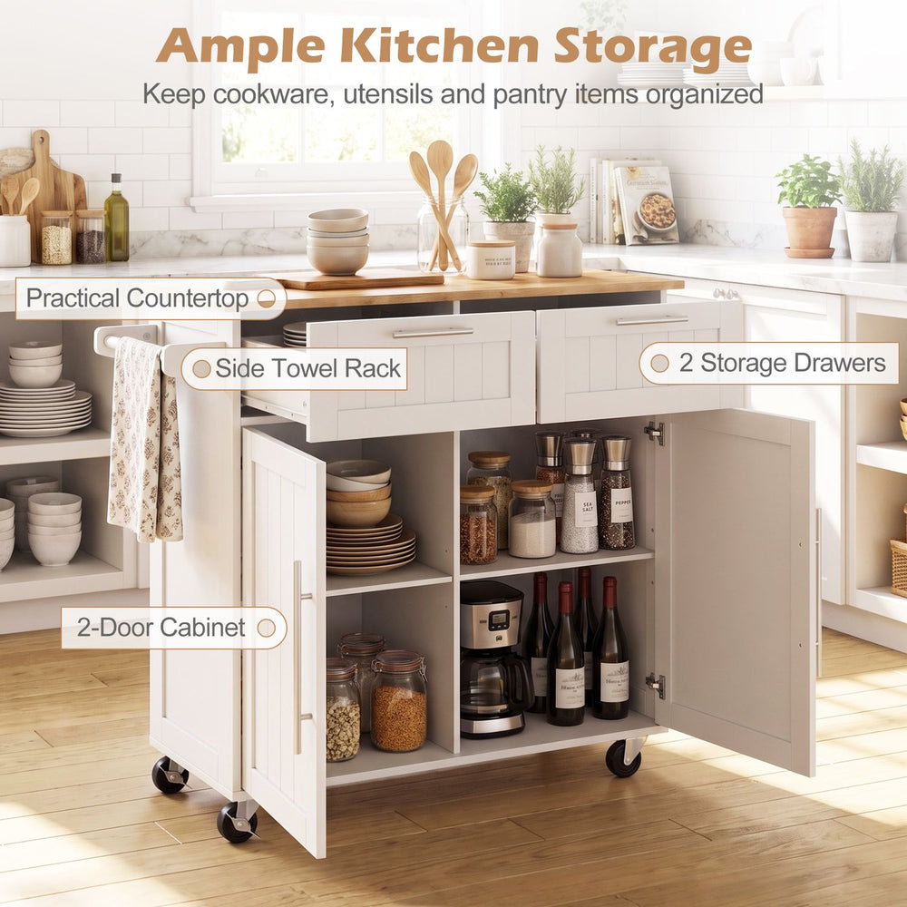 White kitchen island cart with rubber wood top, adjustable shelves, towel rack, two drawers and cabinet storage.