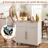 White kitchen island cart with rubber wood top and adjustable shelves, shown with swivel casters and brakes in a kitchen.