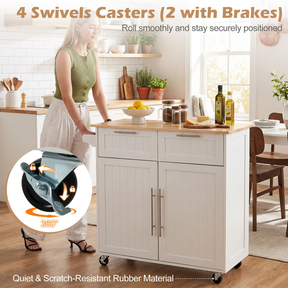 White kitchen island cart with rubber wood top and adjustable shelves, shown with swivel casters and brakes in a kitchen.