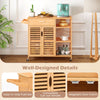 Kitchen island cart on wheels with bamboo frame, featuring a spacious top, drawer, and magnetic door catch for secure.