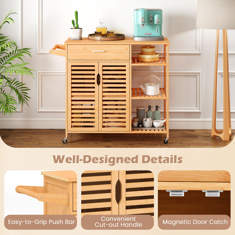 Kitchen island cart on wheels with bamboo frame, featuring a spacious top, drawer, and magnetic door catch for secure.