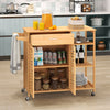 Bamboo kitchen island cart on wheels with drawer, shelves, and towel rack, perfect for versatile storage in any space.