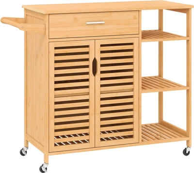 Costway Bamboo Kitchen Island Cart on Wheels 384692715 New